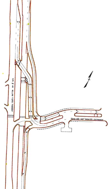 The illustration shows a partial displaced left-turn (DLT) intersection plan view at the entrance of the Dowling National Aviation Technology (NAT) Center in Shirley, NY, with DLTs on the major road approaches.
