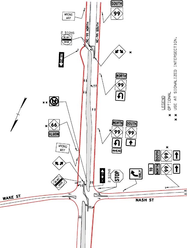 The illustration shows restricted crossing U-turn (RCUT) intersection signing guidance from the North Carolina Department of Transportation (NCDOT). There are directional arrows that identify locations of various signs.