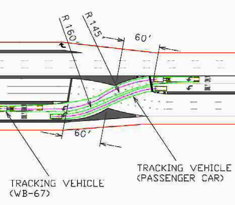 The illustration shows a left-turn crossover movement in a displaced left-turn (DLT) intersection showing angles and measurements.