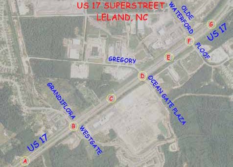 The illustration shows a restricted crossing U-turn (RCUT) treatment at three intersections on U.S. Route 17 in Leland, NC.