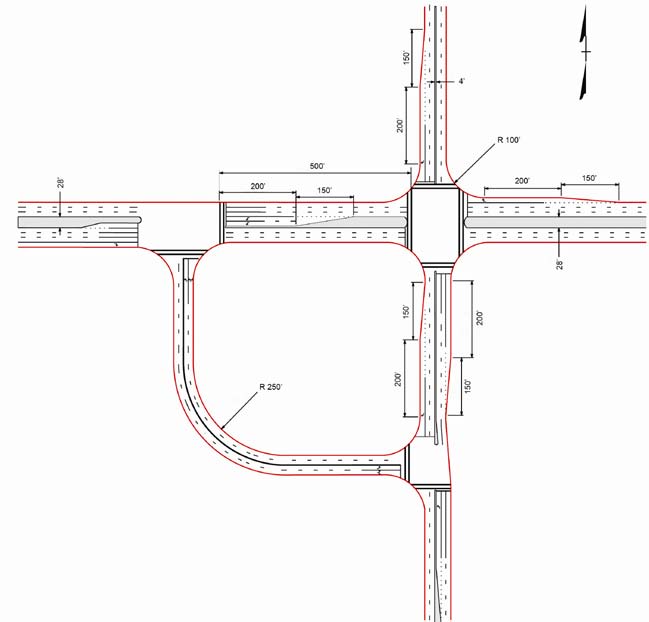 The illustration shows a quadrant roadway (QR) intersection with a four-lane connecting roadway.