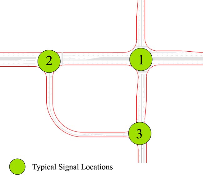 The illustration shows typical quadrant roadway (QR) intersection signal locations with numbered circles identifying the signal locations.