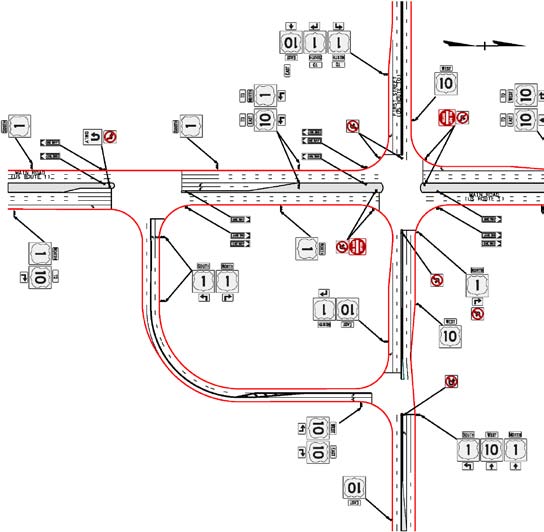 The illustration shows a possible signing plan for a quadrant roadway (QR) intersection. There are directional arrows that identify locations of various signs.