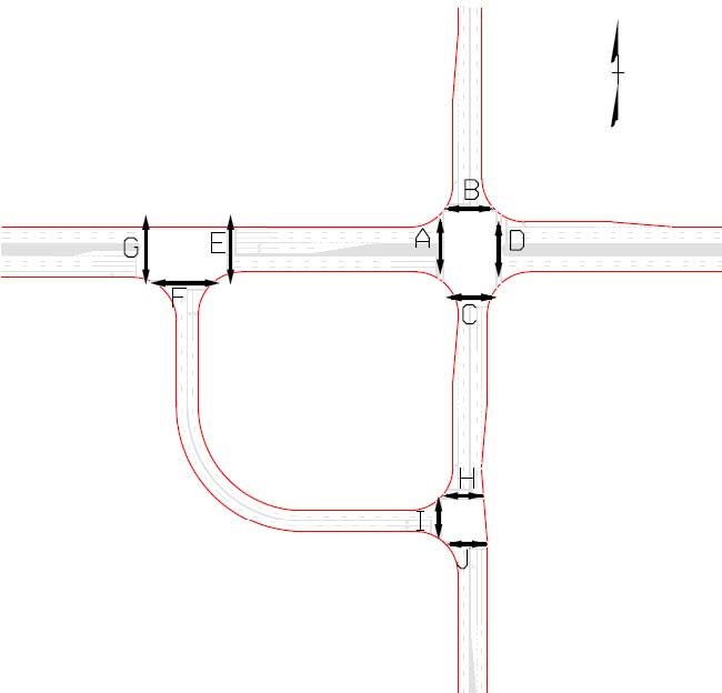 The illustration shows crosswalks at a quadrant roadway (QR) intersection. Each crosswalk is identified by letters A through J.