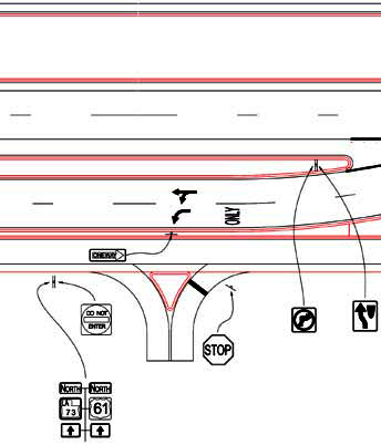 The illustration shows the location of a driveway and signage at a displaced left-turn (DLT) intersection in Baton Rouge, LA.