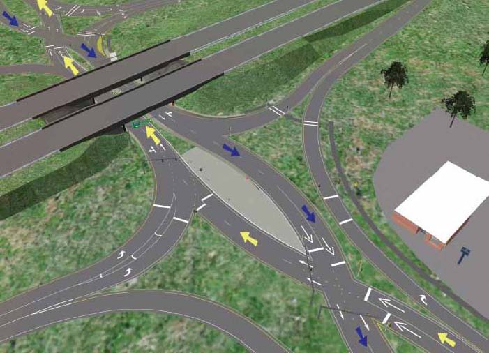 This is an image of a simulated double cross diamond (DCD) interchange.
