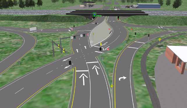 This is an image of the crossover portion of a simulated double cross diamond (DCD) interchange.