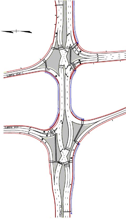 The illustration shows a typical full double cross diamond (DCD) interchange plan view. 