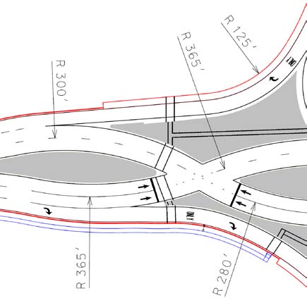 The illustration shows the crossover movement in a double cross diamond (DCD) interchange. It depicts the use of reverse curvature in a DCD interchange crossover.