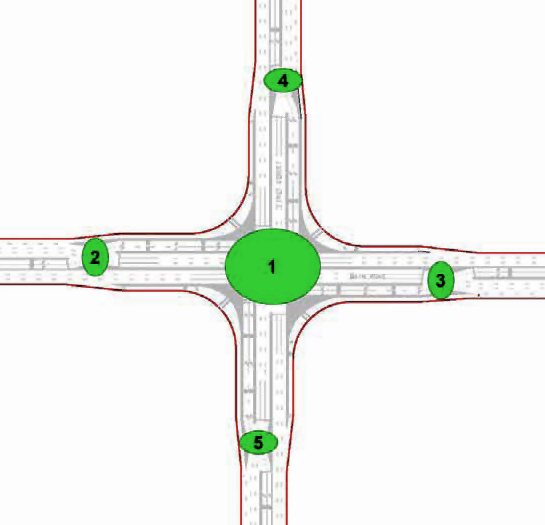 The illustration shows a typical displaced left-turn (DLT) intersection with numbered circles identifying signal locations.