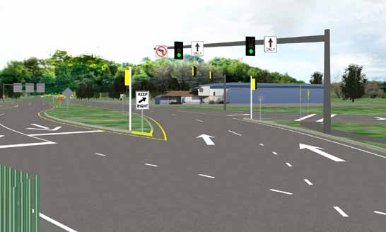 The illustration shows signal pole locations proposed for the planned double cross diamond (DCD) interchange in Kansas City, MO.