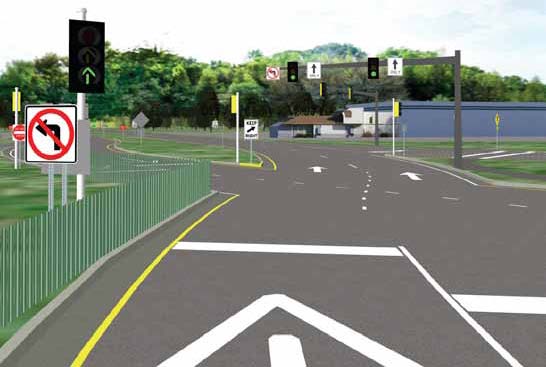 The illustration shows green arrows, overhead signage usage, and skip markings proposed for the planned double cross diamond (DCD) interchange in Kansas City, MO.