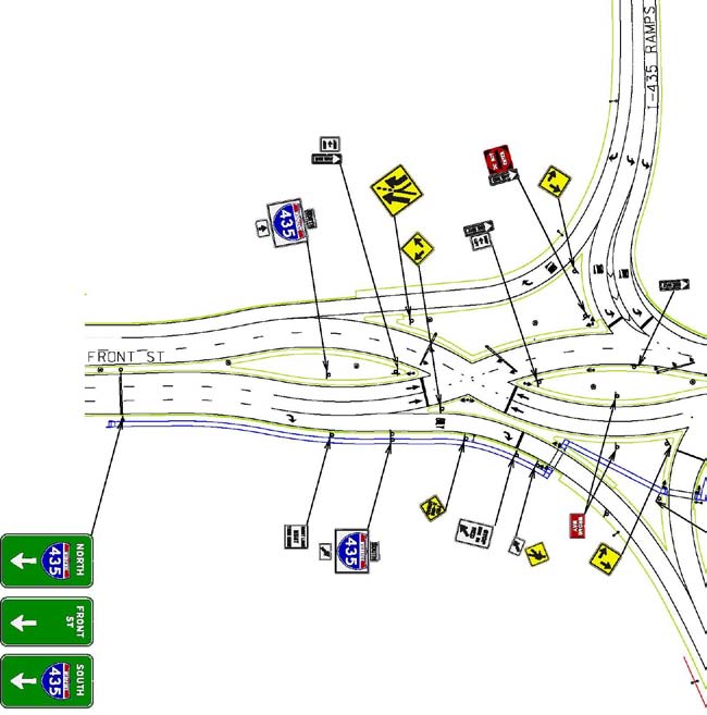 The illustration shows a double cross diamond (DCD) interchange signing and marking plan derived from Missouri practice on the west end. It depicts different signs and arrows identifying location of signs along Northbound I-435, Southbound I-435, and Front Street.