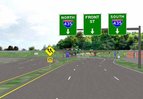 The illustration shows overhead signing proposed from the planned double cross diamond (DCD) interchange ahead of the crossover in Kansas City, MO.