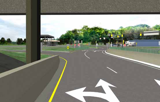 The illustration shows signing and pavement markings proposed for the planned double cross diamond (DCD) interchange ahead of the left turn off-ramp in Kansas City, MO.