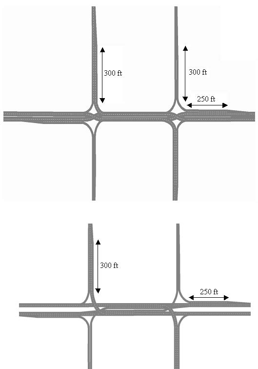 The illustration shows two drawings of interchange layouts. The top drawing is a double cross diamond (DCD) interchange, and the bottom is a conventional diamond interchange. Both images were created using VISSIM®.