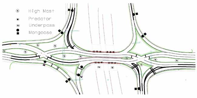 The illustration shows a lighting plan being implemented in a double cross diamond (DCD) interchange in Kansas City, MO. Varying indicators identify high mast, predator, underpass, and mongoose lighting.