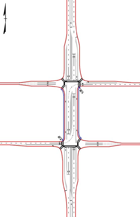 The illustration shows a plan view of a displaced left-turn (DLT) interchange.
