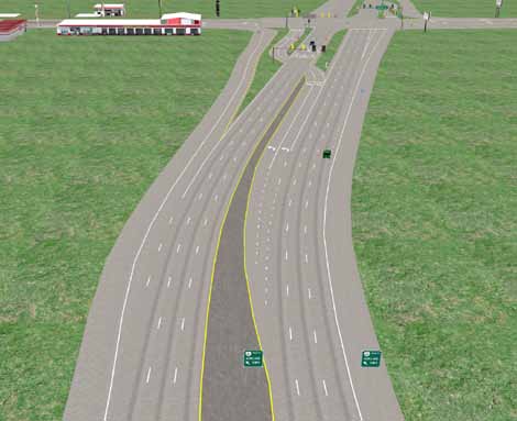 The illustration shows left-turn crossover movement, as seen in a displaced left-turn (DLT) intersection driver simulator.