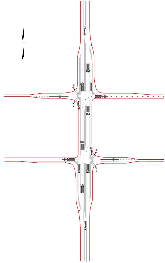 The illustration shows a displaced left-turn (DLT) interchange showing detector locations for the signal phasing shown in figure 189.