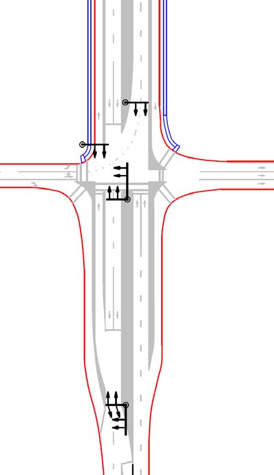 The illustration shows possible signal pole and mast arm locations for a displaced left-turn (DLT) interchange. Mast arms and poles are identified by line drawings and small arrows.