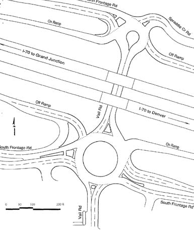 The illustration shows a raindrop interchange at I-70/Vail Road in Vail, CO.