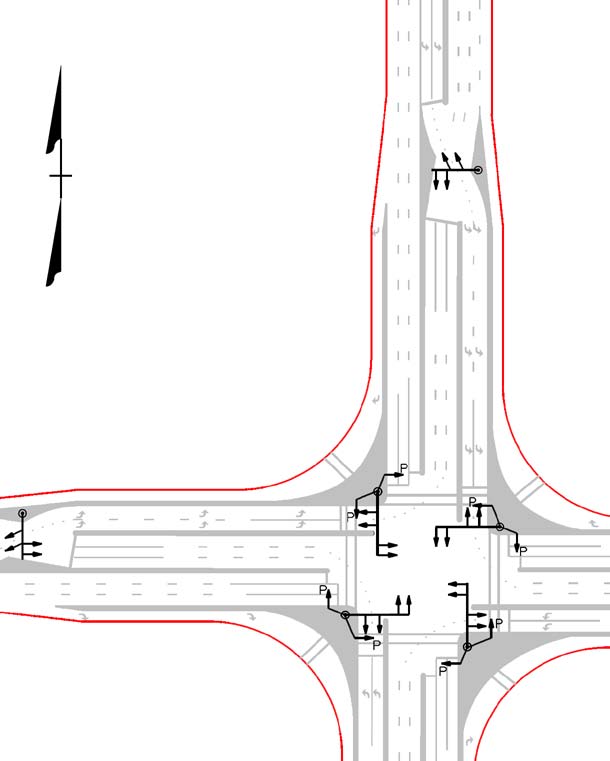The illustration depicts a box layout signal pole and mast arm locations for displaced left-turn (DLT) intersections.