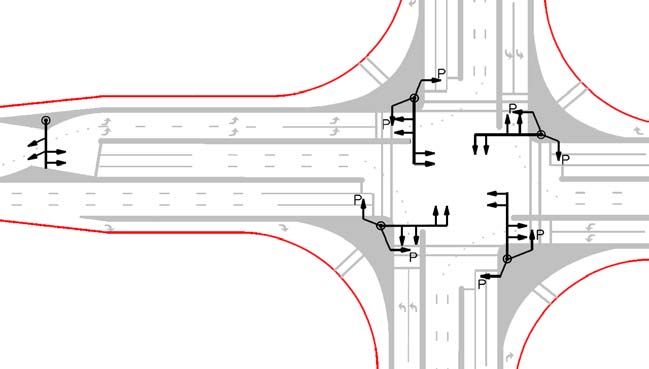 The illustration depicts a box layout signal pole and mast arm locations for a partial displaced left-turn (DLT) intersection.