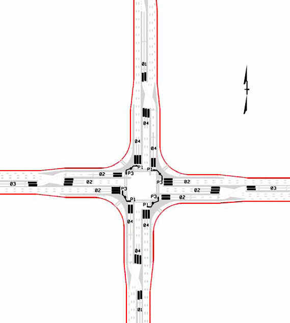 The illustration depicts possible detector placement locations for a full displaced left-turn (DLT) intersection with a single controller.