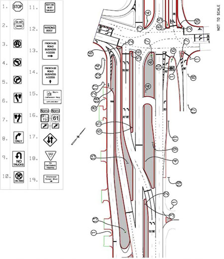 The illustration shows 19 different signs/markings and their corresponding locations at a displaced left-turn (DLT) intersection in Baton Rouge, LA. The DLT is modified for one direction of travel only on the main and side streets.