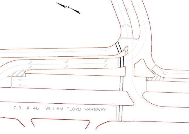 The illustration shows pedestrian crosswalks as implemented at a displaced left-turn (DLT) intersection at the entrance of Dowling National Aviation Technology (NAT) Center in Shirley, NY.