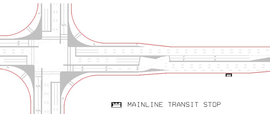 The illustration shows possible transit stop locations in a displaced left-turn intersection.