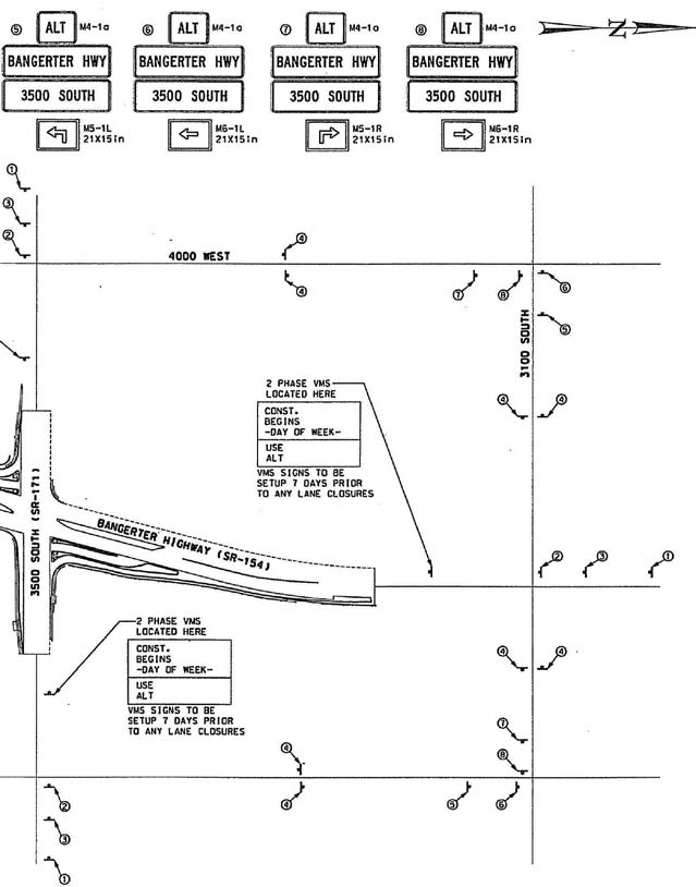 The illustration shows detour routes for construction of displaced left-turn (DLT) intersections in Salt Lake City, UT, on the north end.