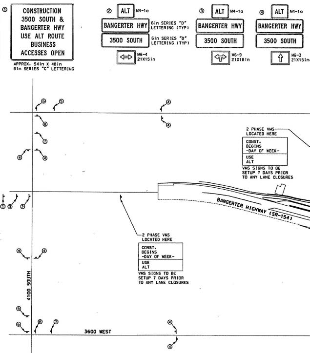 . The illustration shows detour routes for construction of displaced left-turn (DLT) intersections in Salt Lake City, UT, on the south end.