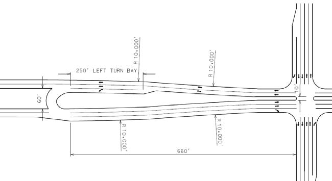 The illustration shows an example transition from a wide median section to a narrow median section on median U-turn (MUT) intersection corridors.