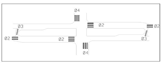 The illustration shows median U-turn (MUT) detector placement for phasing with overlaps.