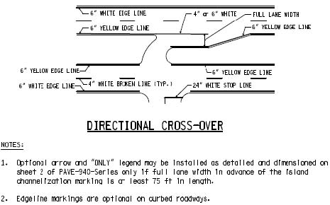 The illustration shows typical pavement markings at a directional crossover.