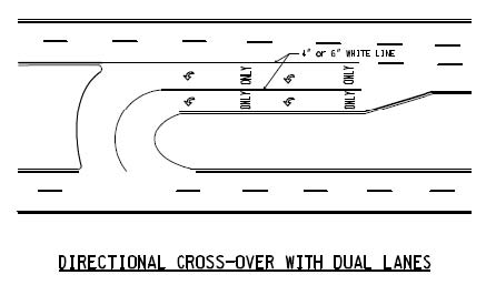 The illustration shows pavement markings at a directional crossover with dual lanes.