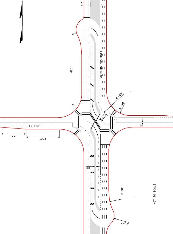 The illustration shows an example restricted crossing U-turn (RCUT) intersection where the side street has two approach lanes.