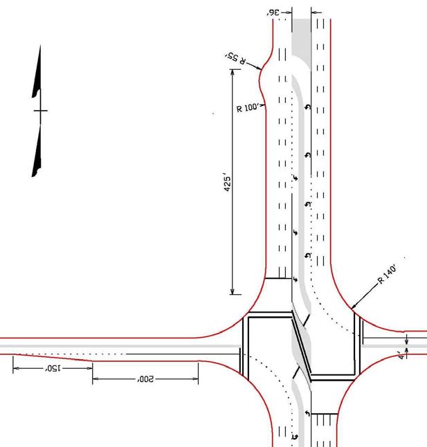 The illustration shows an example restricted crossing U-turn (RCUT) intersection where the side street has one approach lane.