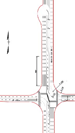 The illustration shows an example restricted crossing U-turn (RCUT) intersection with dual left-turn lanes on the major road that are back-to-back with dual turn lanes for the U-turn crossover.