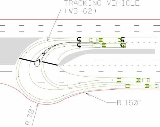 The illustration shows U-turn movement in a loon at a crossover that features two U-turn lanes with a directional arrow identifying a tracking vehicle.