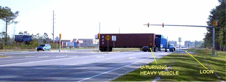 The photo shows the U-turn movement of a heavy vehicle at a restricted crossing U-turn (RCUT) intersection with a loon on U.S. Route 17 in North Carolina with directional arrows identifying the U-turning heavy vehicle and loon.