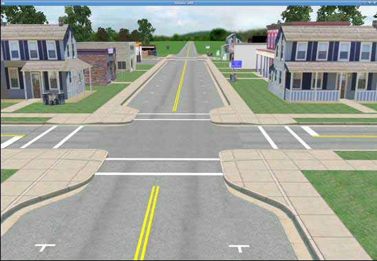 Screenshot. Curve baseline condition. The figure depicts a simulator screenshot of the baseline curve condition. It shows a left-hand curve on a rural road at night under automobile headlight illumination. The rural road has a double yellow centerline pavement marking that runs down the center of the roadway and follows Screenshot. Edge lines condition. The figure depicts a simulator screenshot of the edge lines condition for curves showing a right-hand curve on a rural road at night under automobile headlight illumination. The road has a double yellow centerline pavement marking and two white edge line pavement markings, one on each side of the roadway. All three pavement markings follow the curve.the curve.