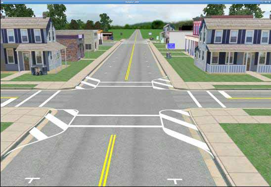 Painted bulb-outs condition. The figure depicts a simulator screenshot of the painted bulb-outs town condition. It shows a daytime view of a two-lane undivided main roadway running down the center of a small town. The town consists of small homes and stores lining the main roadway. A standard intersection is clearly visible in the foreground, and a second intersection is barely visible in the background. All roadways in the town have curbs, gutters, and sidewalks. They also have double yellow centerlines which are interrupted at the intersections. The minor intersecting roadway running horizontally across the screen has marked crosswalks and stop bars on either side. Marked parking spaces are visible on either side of the main roadway, but no motor vehicles are parked in these spaces. The main difference of this simulated condition from the baseline condition is that painted bulb-outs are clearly visible at the foreground intersection. The bulb-outs consist of four protruding painted marking patterns which narrow the main roadway at the four corners of the intersection. These foreground bulb-outs have the same geometry as their analogous curb and gutter bulb-outs except they are implemented by painted marking patterns instead of by concrete. The marking patterns are created by areas of diagonal white hatch mark bands painted on the roadway. The painted bulb-outs at the far intersection are barely visible.