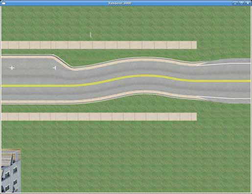 Plan view of chicane geometry. The figure depicts a simulator screen capture of a plan view showing the geometry for a curb and gutter chicane. It shows the geometric details of the lateral lane deflection effected by the chicane located at the entrance to a town. The roadway enters the town from right to left, and the chicane can be seen in the center. The end of the approach tangent is seen at the right side of the figure. Parking spaces and a house on the left side indicate the beginning of the town. The chicane creates an S-shaped travel pattern designed to slow drivers down when entering or leaving the town. When entering the town at the right end of the figure, the lanes are first shifted to the right by 3 ft (0.9 m) and then shifted back to the left by 6 ft (1.8 m), remaining at this deflection at the entrance of the town at the left side.