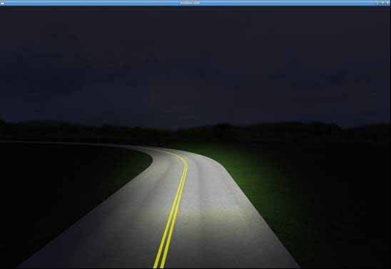 Curve baseline condition. The figure depicts a simulator screenshot of the baseline curve condition. It shows a left-hand curve on a rural road at night under automobile headlight illumination. The rural road has a double yellow centerline pavement marking that runs down the center of the roadway and follows the curve.