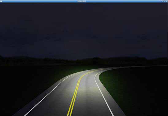 Edge lines condition. The figure depicts a simulator screenshot of the edge lines condition for curves showing a right-hand curve on a rural road at night under automobile headlight illumination. The road has a double yellow centerline pavement marking and two white edge line pavement markings, one on each side of the roadway. All three pavement markings follow the curve.
