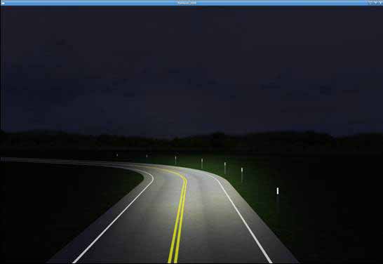 Single side PMDs condition. The figure depicts a simulator screenshot of the single side post-mounted delineators (PMDs) curve condition. It shows a left-hand curve on a rural road at night under automobile headlight illumination. The road has a double yellow centerline pavement marking and two white edge line pavement markings, one on either side of the road. It also has a single row of standard PMDs along the right side of the roadway. All four roadway delineation treatments follow the curve.
