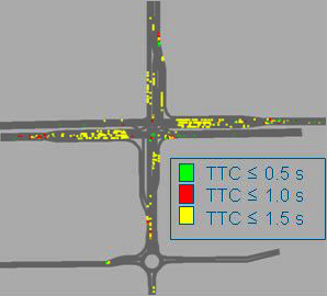 This figure shows a screenshot from the Surrogate Safety Assessment Model (SSAM), with the roadway of an intersection shown from an aerial viewpoint. It spans approximately 500 ft (152.5 m) of roadway from all approaches to the intersection. The roadway is sprinkled with green, red, and yellow squares on all approaches and within the intersection area. A legend indicates that green squares pertain to the location of conflicts where the time-to-collision value is less than or equal to 0.5 s. Red squares pertain to the location of conflicts with a time-to-collision greater than 0.5 s and less than or equal to 1.0 s. Yellow squares pertain to the location of conflicts with a time-to-collision greater than 1.0 s and less than or equal to 1.5 s.